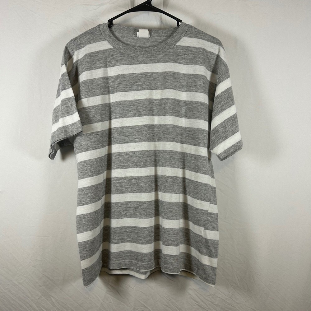 Vintage Favorites Striped T-Shirt Grey White Crewneck Short Sleeve Made in USA L