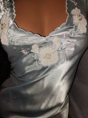 VTG Satin SHINY Baby Blue IMPORT Pink Flowers 80s NEW Babydoll LUXE S LIQUID