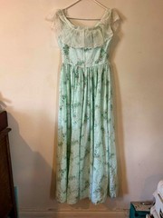 70s vintage Prairie Gown Handmade GREEN PURPLE EYELET & LACE Maxi Long Dress S