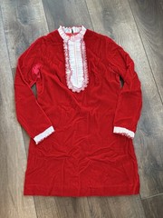 Vintage Teena Paige Red Velvet Long Sleeve Dress White Lace Size 9