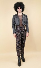 80s Vtg German Designer Rene Lezard Black Floral Woven Cotton Trouser Pant