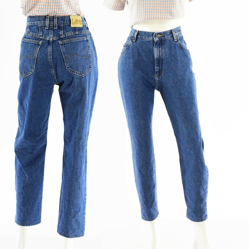 80s Vintage Lee Dark Stone Wash Tapered Leg High Waist Jeans Womens 14s Yoke