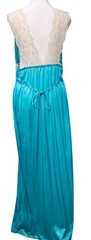 Vtg 70s Gilead Teal Nylon Nightgown Plunging V Back Lace Empire Waist Sz Medium