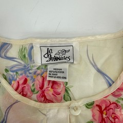 Vintage JO Intimates Floral Damask Pajama Top Medium Pink Rose Blue Ribbon Cream