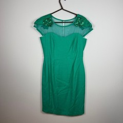 80s Liptons VTG Emerald Green Sequin Leaf Mesh Sheath Dress 12 Made in Canada
