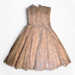 1950s Ceil Chapman Blush/Taupe Lace Cocktail Dress Strapless Petal Neckline