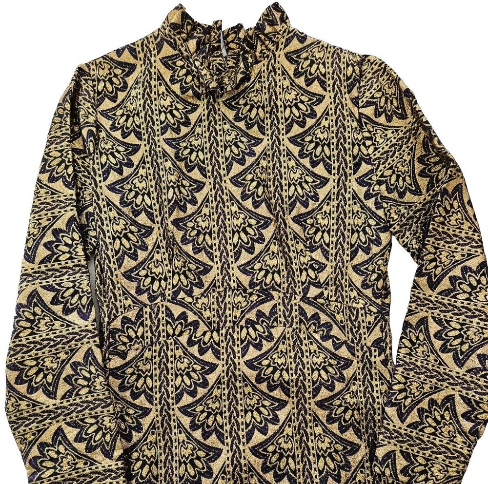 Vintage Gold Floral Brocade Empire Waist Long Dress Blue Purple 32″ Chest Sz S