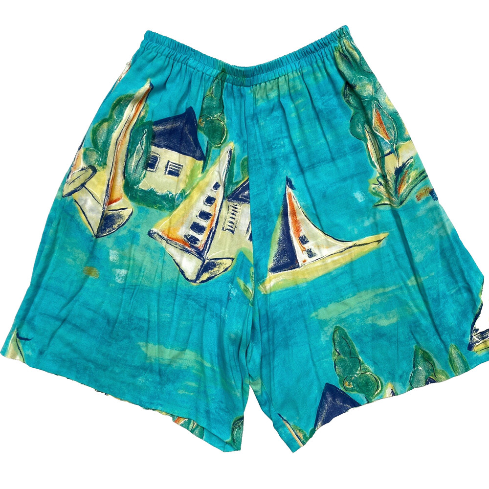 Nino Wong Women’s Tropical Sailboat Elastic Waist Rayon Shorts Vintage L