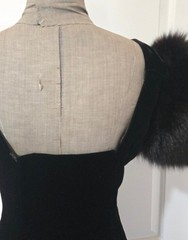 Vintage 1980s Victor Costa Black Velvet Dress with Mink Puff Sleeves, Size 6?
