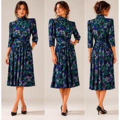 90s Floral Midi Dress Shoulder Pads Draped Waist Secretary Dress Rayon Medium