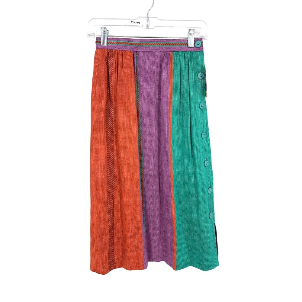 VTG 80s Prophecy Midi Skirt Womens XS Multicolor Purple Green Red Linen Blend