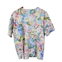 Vintage 90s T-Shirt Size Medium Floral All Over Print top Pearl Yellow Pink Blue