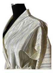 Vintage 70s 80s Robe Women M Long Satin Kimono Lightweight Yellow Stripe Floral