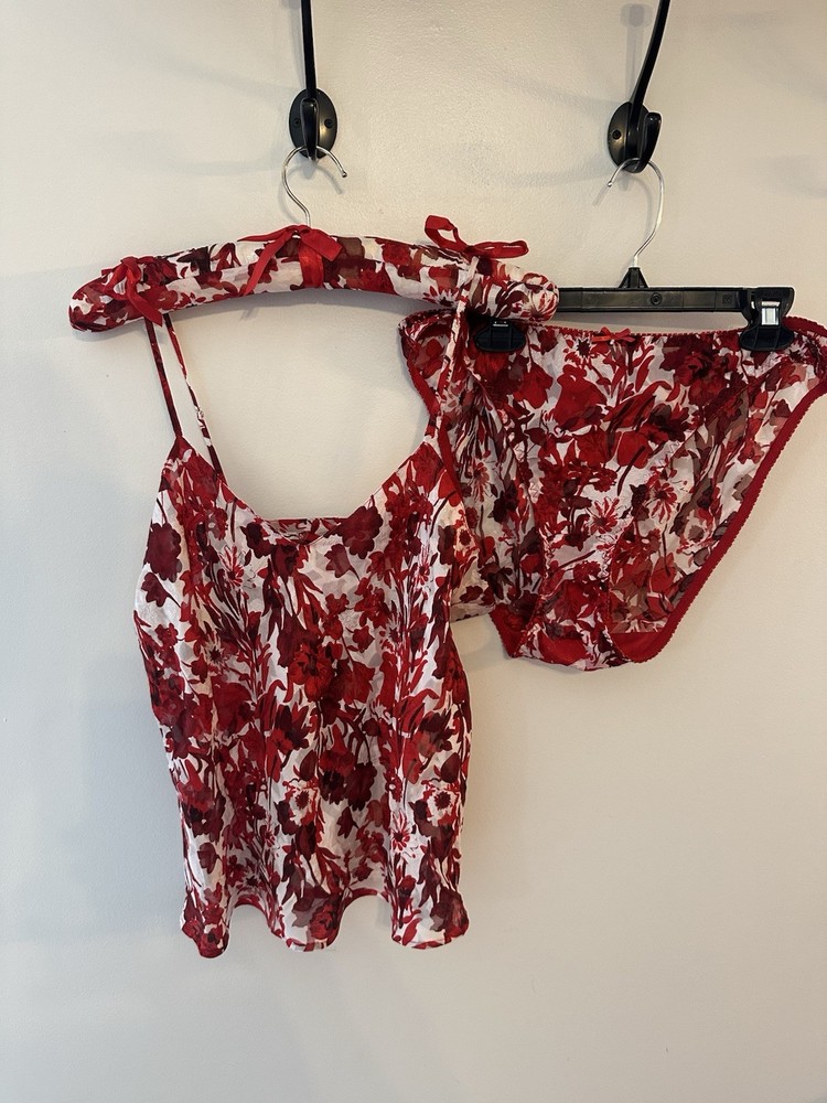 Vintage Silkscreen 100% Silk Camisole Set Size Large Red Floral W/ Hanger