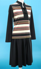 VTG Women’s 60s Black Cream & Red Striped Drop Waist Midi Dress Sz M 1960s