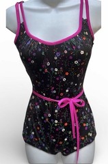 Vtg 80s Gabar Ditsy Floral Bathing Suit 10 One Piece Belt Tie Black Colorful Wow
