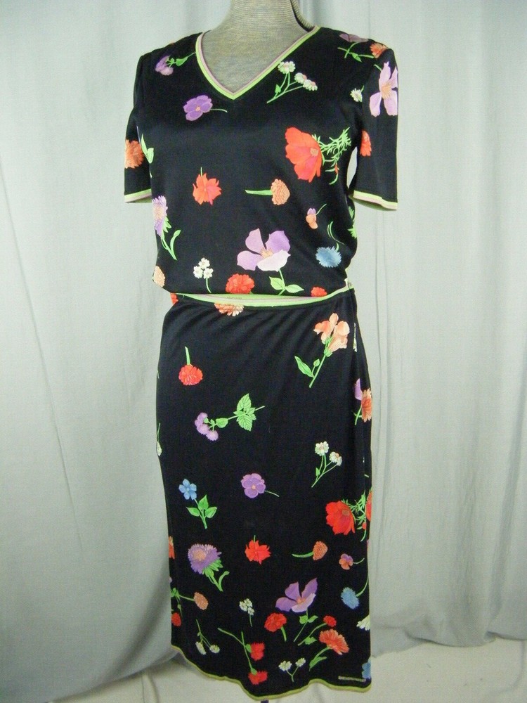 LEONARD PARIS Vtg 70s Black Green Lilac Floral Top & Skirt-Bust 34/Waist 26/XS