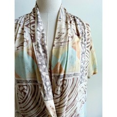 Vintage 70s Draped Rayon Print Blouse | Neutral Abstract | Shawl Collar | Size L
