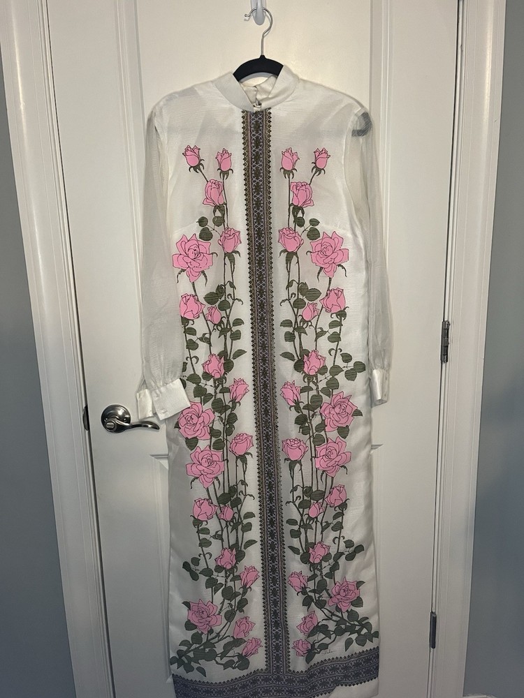 1970s VTG Alfred Shaheen Cheongsam Maxi Dress White Pink Flowers Size 16 W/belt