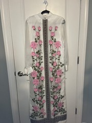 1970s VTG Alfred Shaheen Cheongsam Maxi Dress White Pink Flowers Size 16 W/belt