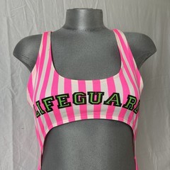 Vtg 1980s Sun Kiss Gitano Pink Striped Swimuit Size 7/8 Lifeguard Baywatch