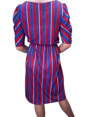 Vtg 70s Dress Sz S/M Soft Stripe Knit Red Blue Belted Puffed Sleeve Miss OOPS CA