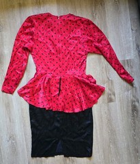 Vintage 80s Scarlett Peplum Dress 7/8 Red Polka Dot Black Pencil Wiggle ILGWU…