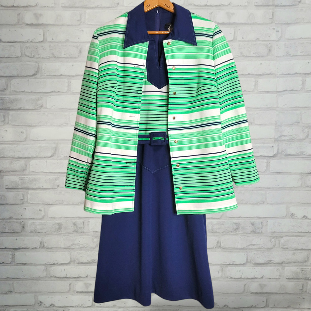 Vintage 2-piece dress jacket retro sporty navy green stripe sz 16 Jerrie Lurie