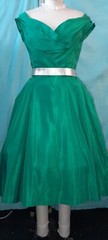 Vtg 50s Harry Keiser GREEN Fit Flare Taffeta Off Shoulder Party Cocktail Dress S
