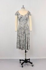1950s Bird Pagoda Novelty Print Gray Pink Cape Back Custom Made Pinup Dress