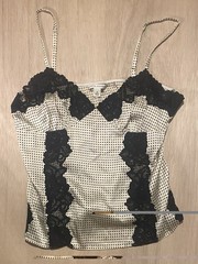 Vintage Y2K Banana Republic Silk Cami in Ivory w/Black Pin Dots & Lace Trim