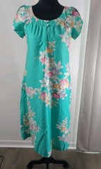 VTG 70s Sun Fashions of Hawaii Cotton Muumuu Dress Teal Hibiscus Floral Midi M