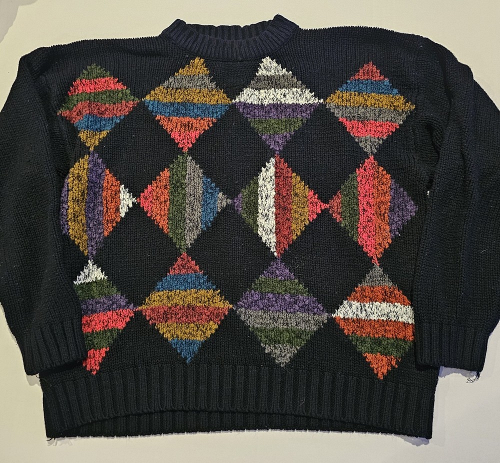 Vintage Expressions Womens Sweater- Geometric Diamonds Preppy Knit 90s- Size L