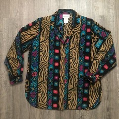 VTG 90s Erin London Funky Black Tan Blue Purple Shoulder Pads L/S Blouse Size PS