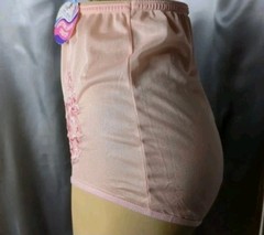 NOS Vintage Satin Nylon Granny Panties sz 6 Peach Embroidered Flowers Bird USA