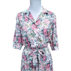 Vintage Shirt Dress Floral Cottage Grandma Romantic Pink Green Belted Fits XS/S