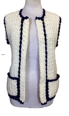 VINTAGE 70’S GROOVY CROCHET KNIT WHITE & NAVY BLUE LONG OPEN VEST