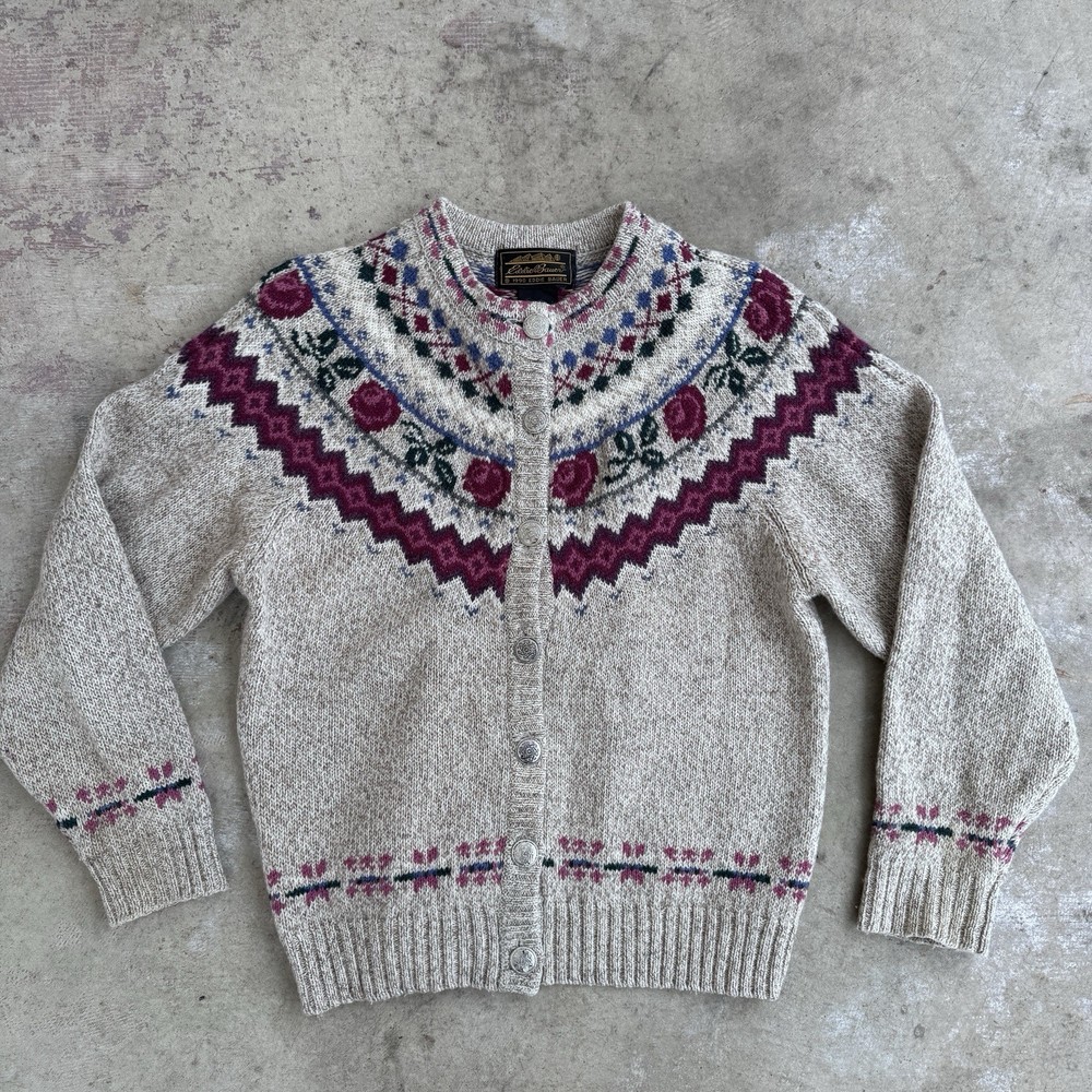 Vintage Eddie Bauer Sweater Nordic Fair Isle Snowflake Button Womens S Rose Wool
