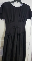 80s Vintage Lanz Originals Back Button Black Midi Dress Smocked Waist Sm Bow