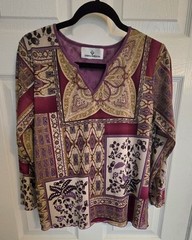 90s Erin London Women’s Sm Bohemian Long Sleeve V-Neck Burgundy Paisley Blouse