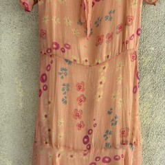 Antique 1920s Pink Silk Chiffon Dress Sweet Floral Print Asymmetrical Vintage