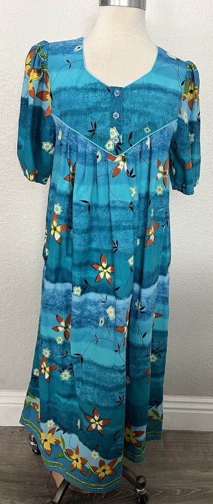Vtg Phases Tropical Floral Cotton House Patio Dress Blue Hawaiian Midi MuuMuu L