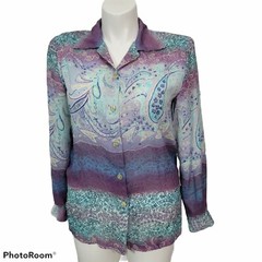 Vintage 80s Burke Avenue XL Sheer Purple Turquoise Paisley Button Front Blouse