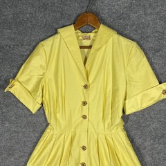 VINTAGE 50s Town & Country Club Dress Small Polished Cotton Day Tea Swing Yellow