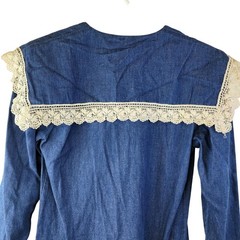 Gunne Sax Vintage 70s Denim Midi Dress Women Small Bib Lace Collar Formal Blue