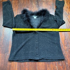 Vintage Night Way Cardigan Womens M Black Sparkle Feather Trim Sweater USA MADE