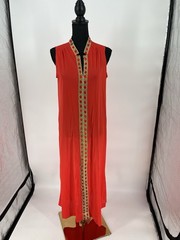Vtg 1970s Red Orange Nightgown Gold Trim 70s Lorraine Nylon Lingerie Mod Boho