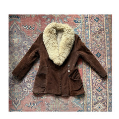 Brown Suede Shearling Collar Coat Vintage Women’s Large Pockets Multiple Buttons