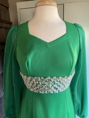 Vtg Kelly Green Dress w/ Sheer Sleeves and Iridescent Bead Empire Waist Sz 28