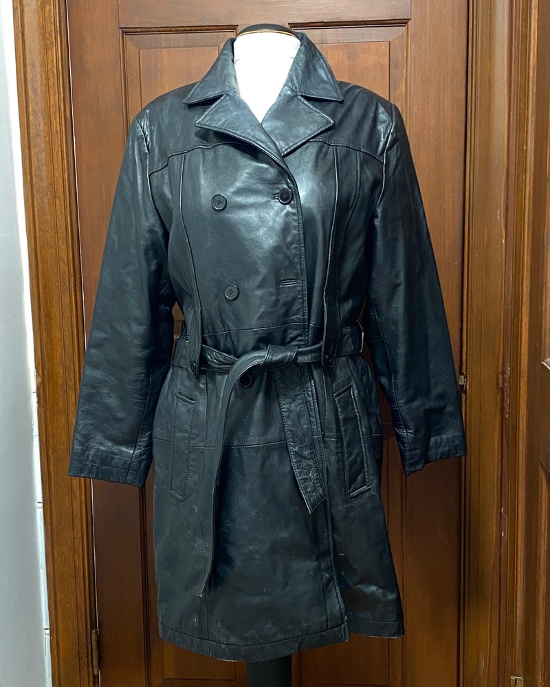 VTG Excelled Black Knee Length Leather Jacket Belted Coat XL Soft Lightweight